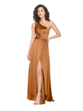 RightBrides Keneasha Orange A-Line One Shoulder Sleeveless Long Silky Satin Bridesmaid Dress