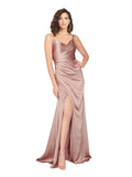 Dusty Pink Sheath V-Neck Sleeveless Long Silky Satin Bridesmaid Dress Shani