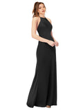 Black Sheath High Neck Sleeveless Long Silky Satin Bridesmaid Dress Autumn