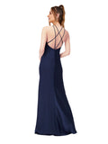 Sapphire Sheath High Neck Sleeveless Long Silky Satin Bridesmaid Dress Autumn