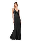 Black Sheath V-Neck Sleeveless Long Silky Satin Bridesmaid Dress Lurenda