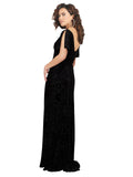 Black A-Line V-Neck Long Short Sleeves Floral Velvet Bridesmaid Dress Shavene