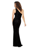 Black Sheath One Shoulder Long Sleeveless Floral Velvet Bridesmaid Dress Keera