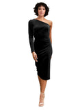 Black A-Line One Shoulder Short Long Sleeves Stretch Velvet Bridesmaid Dress Bolton