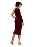 Burgundy A-Line One Shoulder Short Long Sleeves Stretch Velvet Bridesmaid Dress Bolton