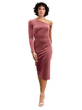 Cinnamon Rose A-Line One Shoulder Short Long Sleeves Stretch Velvet Bridesmaid Dress Bolton