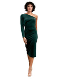 Dark Green A-Line One Shoulder Short Long Sleeves Stretch Velvet Bridesmaid Dress Bolton