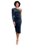 Dark Navy A-Line One Shoulder Short Long Sleeves Stretch Velvet Bridesmaid Dress Bolton