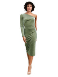 Dark Sage A-Line One Shoulder Short Long Sleeves Stretch Velvet Bridesmaid Dress Bolton