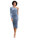 Dusty Blue A-Line One Shoulder Short Long Sleeves Stretch Velvet Bridesmaid Dress Bolton