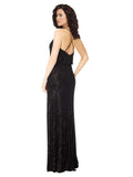 Black A-Line Cowl Long Spaghetti Straps Floral Velvet Bridesmaid Dress Leif