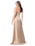 Champagne Pink A-Line V-Neck Spaghetti Straps Sleeveless Long Silky Satin Bridesmaid Dress Lula