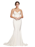 Long Stretch Satin Mermaid Cowl Strapless Sleeveless Ivory Bridesmaid Dress Joleen