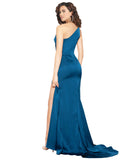 Long Silky Satin Sheath One Shoulder Sleeveless Peacock Blue Bridesmaid Dress Silvie