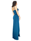 Long Silky Satin Sheath Spaghetti Straps Sleeveless Peacock Blue Bridesmaid Dress Skie