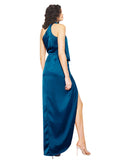 Long Silky Satin Sheath Halter, High Neck Sleeveless Peacock Blue Bridesmaid Dress Deidre