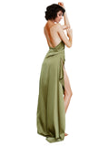 Long Silky Satin A-Line One Shoulder Sleeveless Olive Green Bridesmaid Dress Carisa