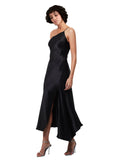 Short Midi Length Silky Satin A-Line One Shoulder Sleeveless Black Bridesmaid Dress Bilquis