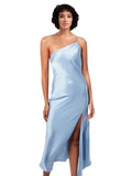 Short Midi Length Silky Satin A-Line One Shoulder Sleeveless Light Sky Blue Bridesmaid Dress Bilquis