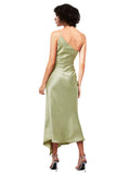 Short Midi Length Silky Satin A-Line One Shoulder Sleeveless Sage Bridesmaid Dress Bilquis