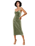 Dark Sage Sheath Cowl Spaghetti Straps Short Sleeveless Stretch Velvet Bridesmaid Dress Trafford