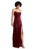 Burgundy Sheath Strapless Long Sleeveless Stretch Velvet Bridesmaid Dress Xena