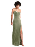 Dark Sage Sheath Strapless Long Sleeveless Stretch Velvet Bridesmaid Dress Xena