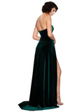 Long Stretch Velvet A-Line Sweetheart Sweep Train Sleeveless Dark Green Bridesmaid Dress Nayla