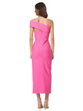 RightBrides Bette Long Sheath One Shoulder Midi Length Sleeveless Fuchsia Stretch Crepe Bridesmaid Dress