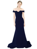 RightBrides Dawn Long Mermaid Sweetheart Off the Shoulder Sweep Train Floor Length Dark Navy Stretch Crepe Lace Bridesmaid Dress