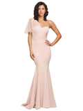 RightBrides Dominic Long Sheath One Shoulder Sweetheart Sweep Train Sleeveless Mauve Stretch Crepe Tulle Bridesmaid Dress