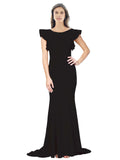 RightBrides Eden Long Mermaid Round Neck Sweep Train Floor Length Sleeveless Black Stretch Crepe Bridesmaid Dress