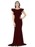 RightBrides Eden Long Mermaid Round Neck Sweep Train Floor Length Sleeveless Burgundy Gold Stretch Crepe Bridesmaid Dress