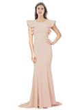 RightBrides Eden Long Mermaid Round Neck Sweep Train Floor Length Sleeveless Champagne Stretch Crepe Bridesmaid Dress