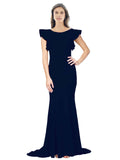 RightBrides Eden Long Mermaid Round Neck Sweep Train Floor Length Sleeveless Dark Navy Stretch Crepe Bridesmaid Dress