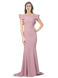 RightBrides Eden Long Mermaid Round Neck Sweep Train Floor Length Sleeveless Dusty Pink Stretch Crepe Bridesmaid Dress