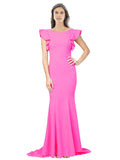 RightBrides Eden Long Mermaid Round Neck Sweep Train Floor Length Sleeveless Fuchsia Stretch Crepe Bridesmaid Dress