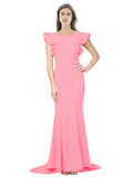 RightBrides Eden Long Mermaid Round Neck Sweep Train Floor Length Sleeveless Hot Pink Stretch Crepe Bridesmaid Dress