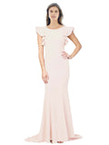 RightBrides Eden Long Mermaid Round Neck Sweep Train Floor Length Sleeveless Light Champagne Stretch Crepe Bridesmaid Dress