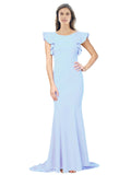 RightBrides Eden Long Mermaid Round Neck Sweep Train Floor Length Sleeveless Light Sky Blue Stretch Crepe Bridesmaid Dress