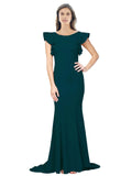 RightBrides Eden Long Mermaid Round Neck Sweep Train Floor Length Sleeveless Midnight Green Stretch Crepe Bridesmaid Dress