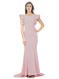 RightBrides Eden Long Mermaid Round Neck Sweep Train Floor Length Sleeveless Primrose Stretch Crepe Bridesmaid Dress