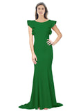 RightBrides Eden Long Mermaid Round Neck Sweep Train Floor Length Sleeveless Shamrock Green Stretch Crepe Bridesmaid Dress