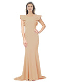 RightBrides Eden Long Mermaid Round Neck Sweep Train Floor Length Sleeveless Topaz Stretch Crepe Bridesmaid Dress