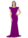 RightBrides Eden Long Mermaid Round Neck Sweep Train Floor Length Sleeveless Wild Berry Stretch Crepe Bridesmaid Dress