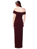 RightBrides Edwina Long Mermaid Off the Shoulder Floor Length Sleeveless Burgundy Gold Stretch Crepe Bridesmaid Dress