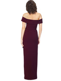 RightBrides Edwina Pencil Dress Long Sheath Square Neck Off the Shoulder Floor Length Sleeveless Burgundy Gold Stretch Crepe Bridesmaid Dress