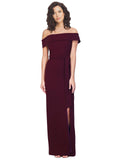 RightBrides Edwina Pencil Dress Long Sheath Square Neck Off the Shoulder Floor Length Sleeveless Burgundy Gold Stretch Crepe Bridesmaid Dress