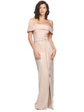 RightBrides Edwina Pencil Dress Long Sheath Square Neck Off the Shoulder Floor Length Sleeveless Nude Stretch Crepe Bridesmaid Dress