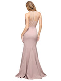 RightBrides Farah Long Sheath High Neck Sweetheart Sweep Train Sleeveless Dusty Pink Stretch Crepe Bridesmaid Dress